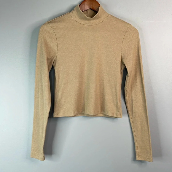 American Eagle Ribbed Cropped Mock Neck Shirt Tan Brown Long Sleeves M - Picture 10 of 10